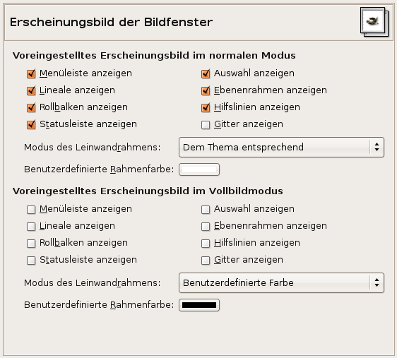 Die Einstellungsansicht zum Anpassen des Bildfensters